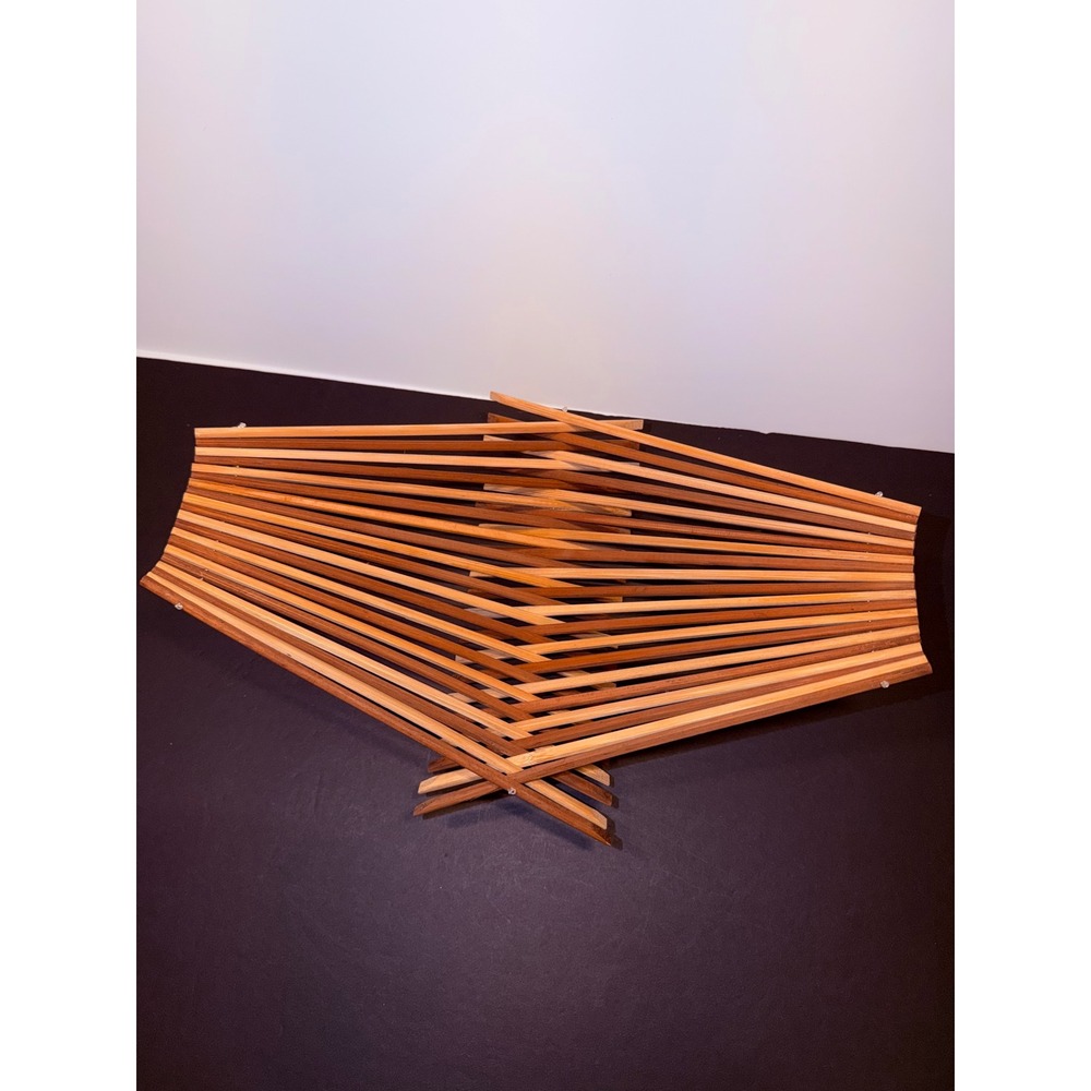 Vintage Mid Century Modern Folding Wood Slat Fruit Bowl Accordion Basket 13in